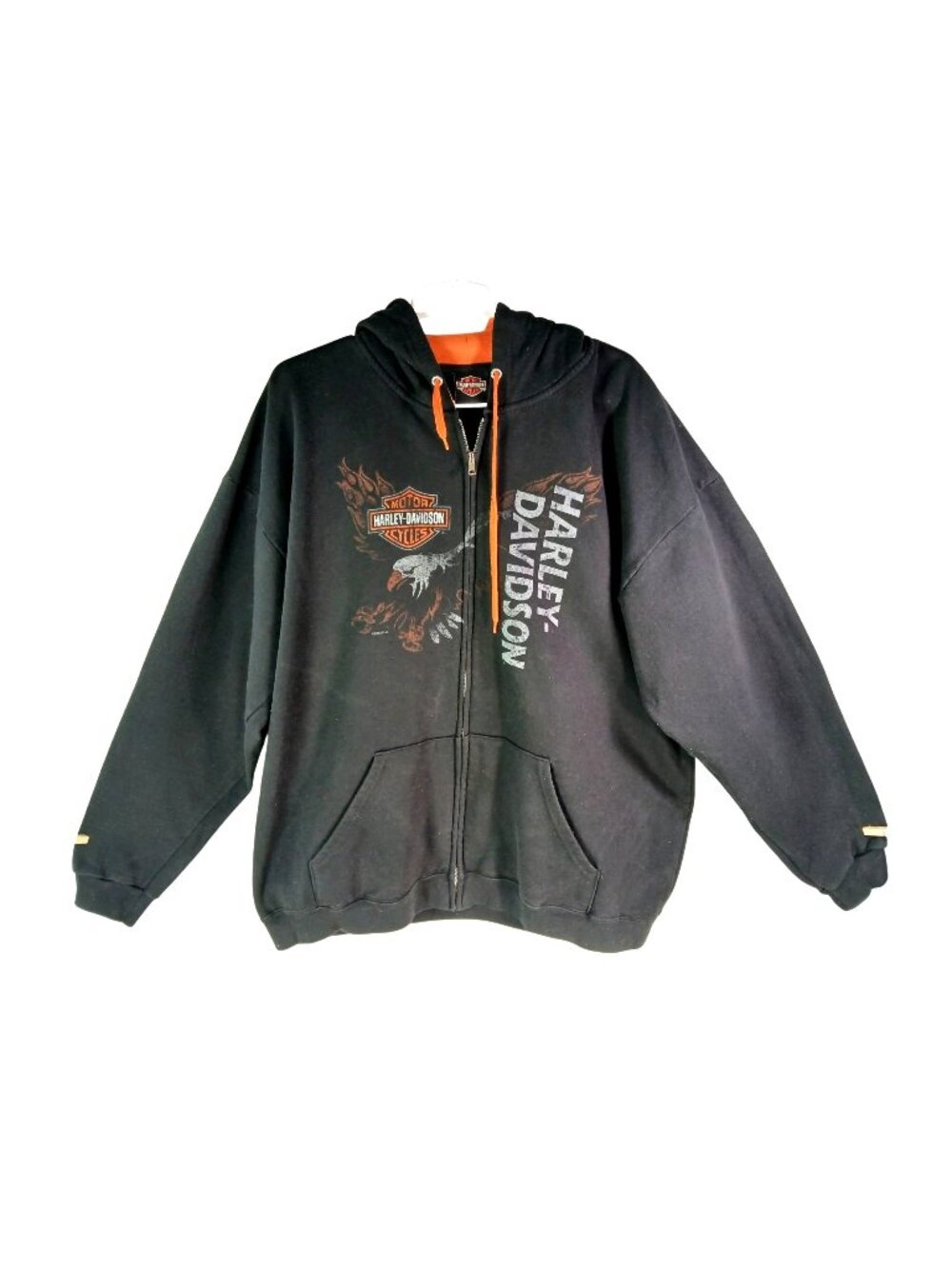 Harley Davidson Mens Black Zip Up Hoodie Orange Eagle Mandan North Dakota 2XL